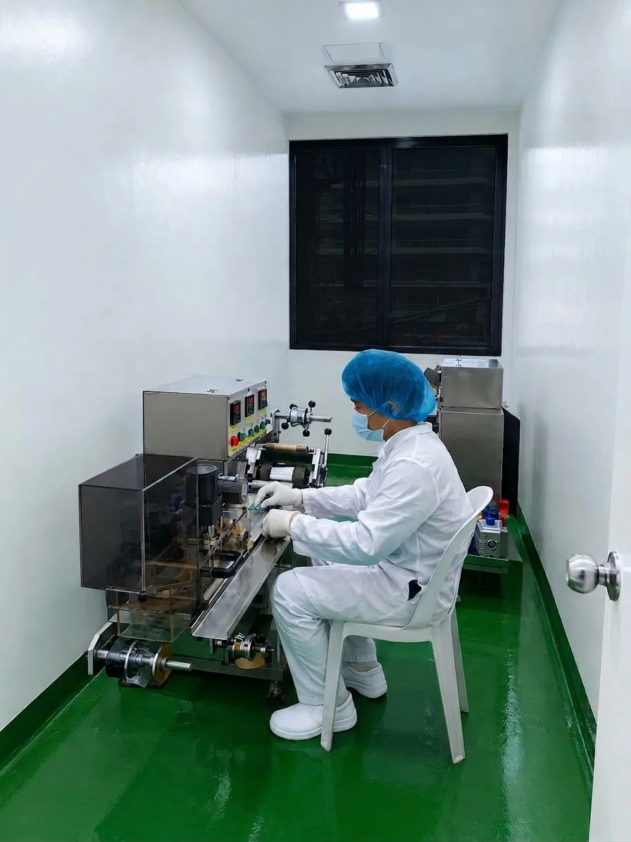 Seated worker wearing a white coat, mask, hair covering, and gloves operating equipment in a white-walled room.