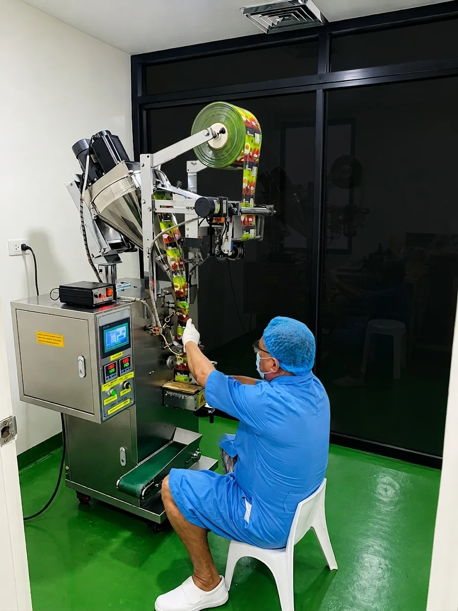Worker in blue clothing, a hair covering, mask, and gloves beside equipment with a printed film roll and control panel.