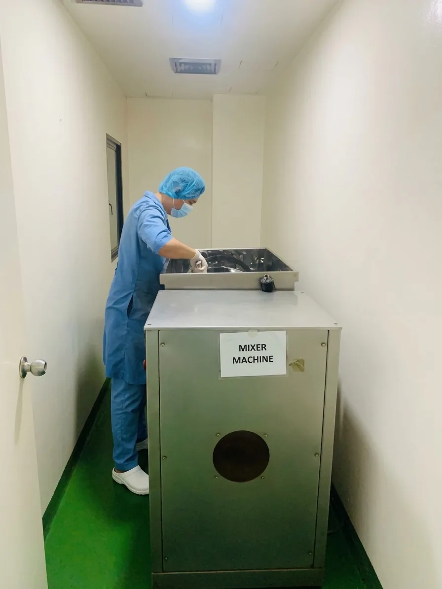 Compounding Room: worker wearing a mask, hair covering, and gloves beside a stainless-steel machine labeled Mixer Machine.