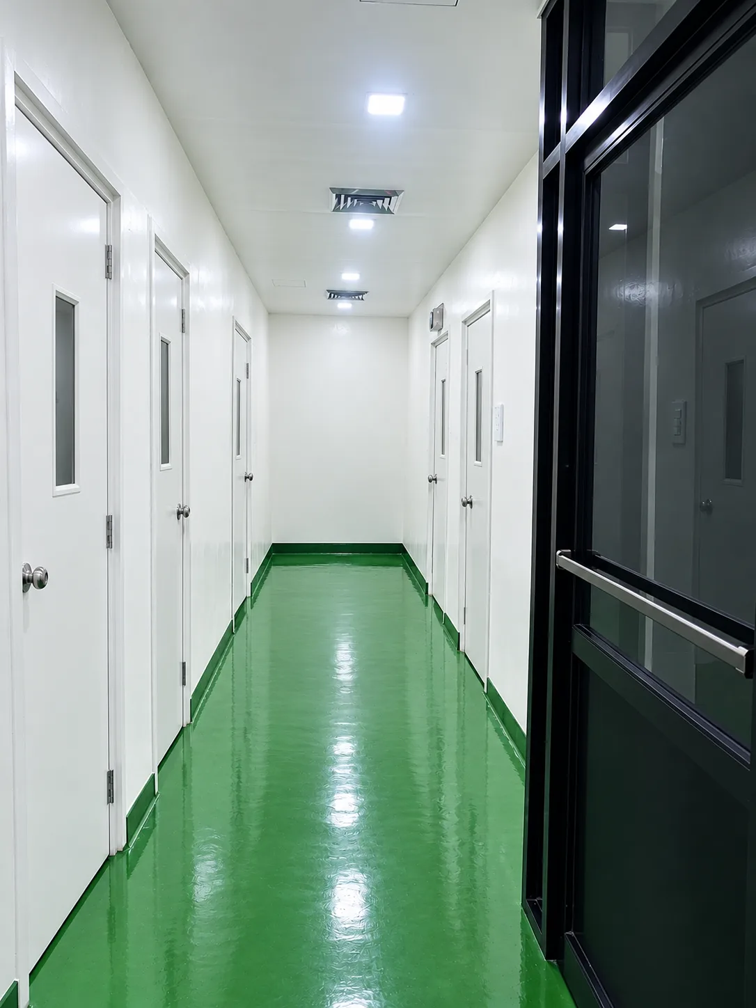 White-walled corridor with several doors, ceiling lights, a black-framed partition, and green flooring.