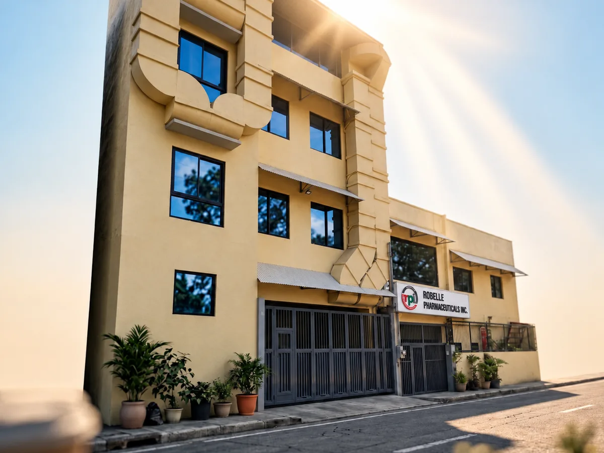 Beige building exterior with blue windows, metal entrance gates, potted plants, and a Robelle Pharmaceuticals Inc. sign.
