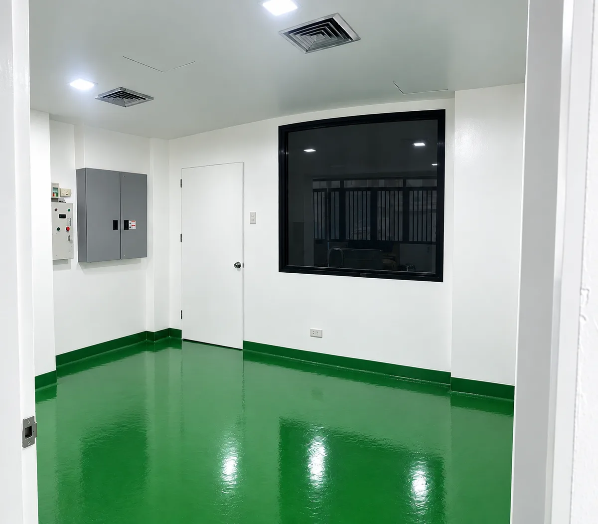 Room with white walls, a black-framed window, electrical cabinets, a closed door, and a green floor.
