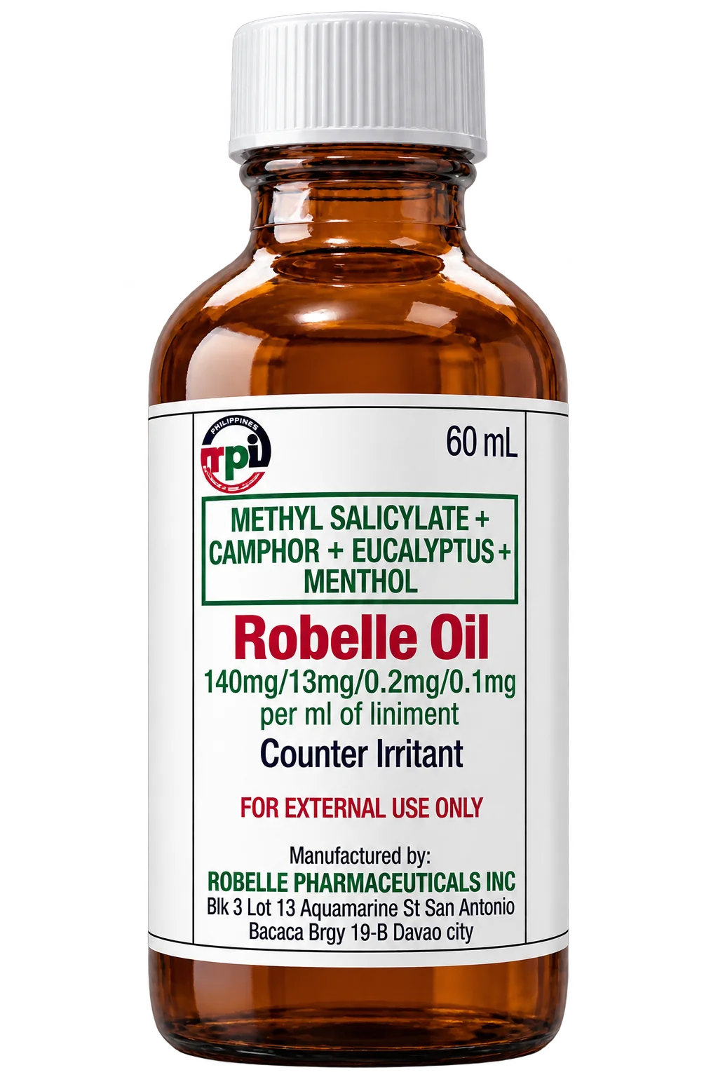 Robelle Oil 60 mL amber bottle with white cap.