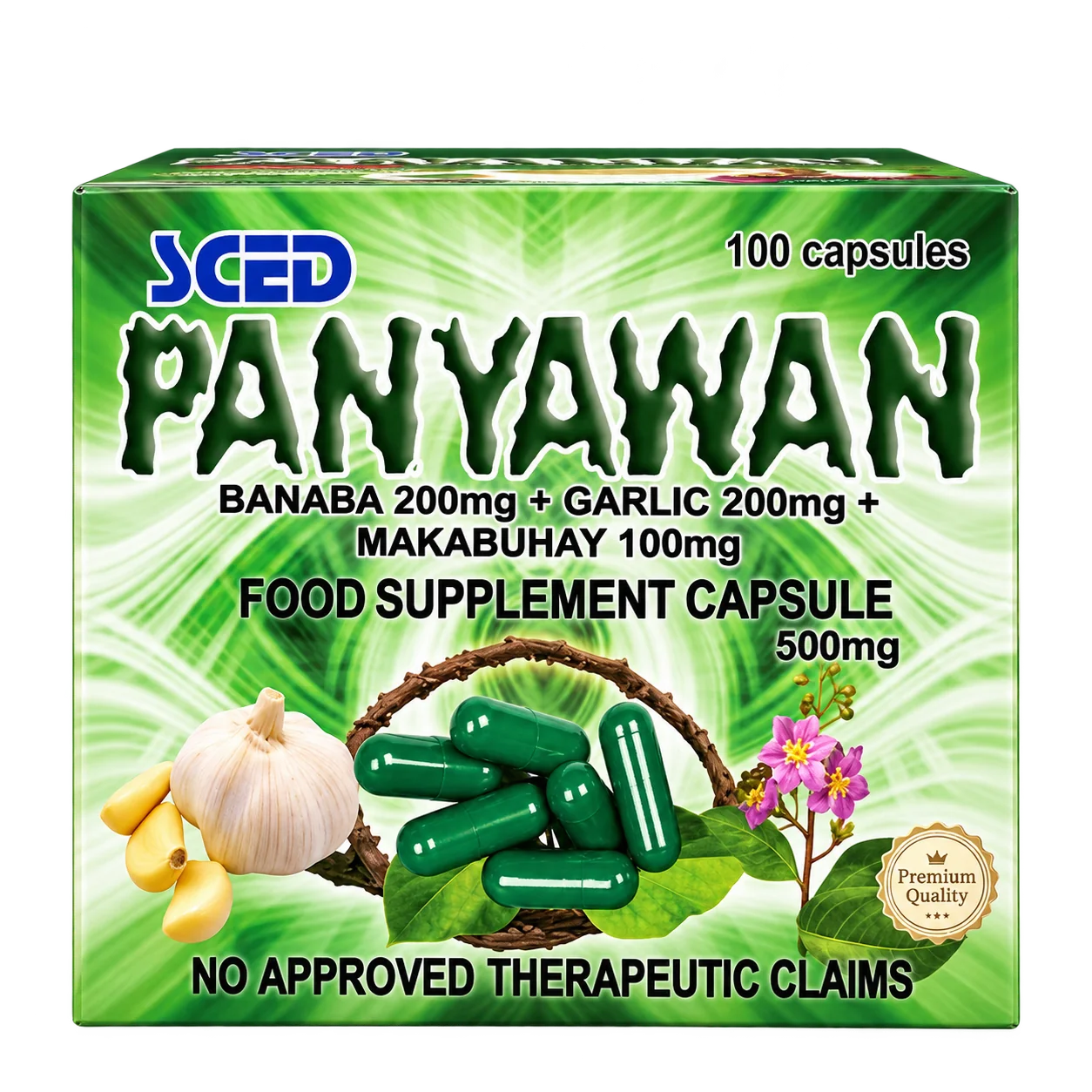 Official packaging photograph of SCED Panyawan Garlic 500mg Food Supplement Capsules