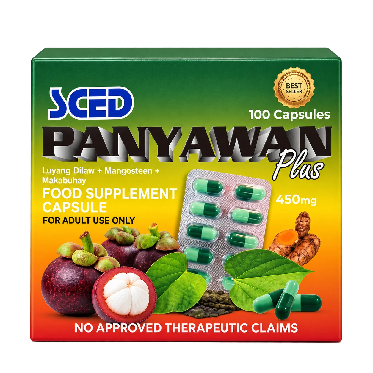 Official packaging photograph of SCED Panyawan Plus Food Supplement Capsules